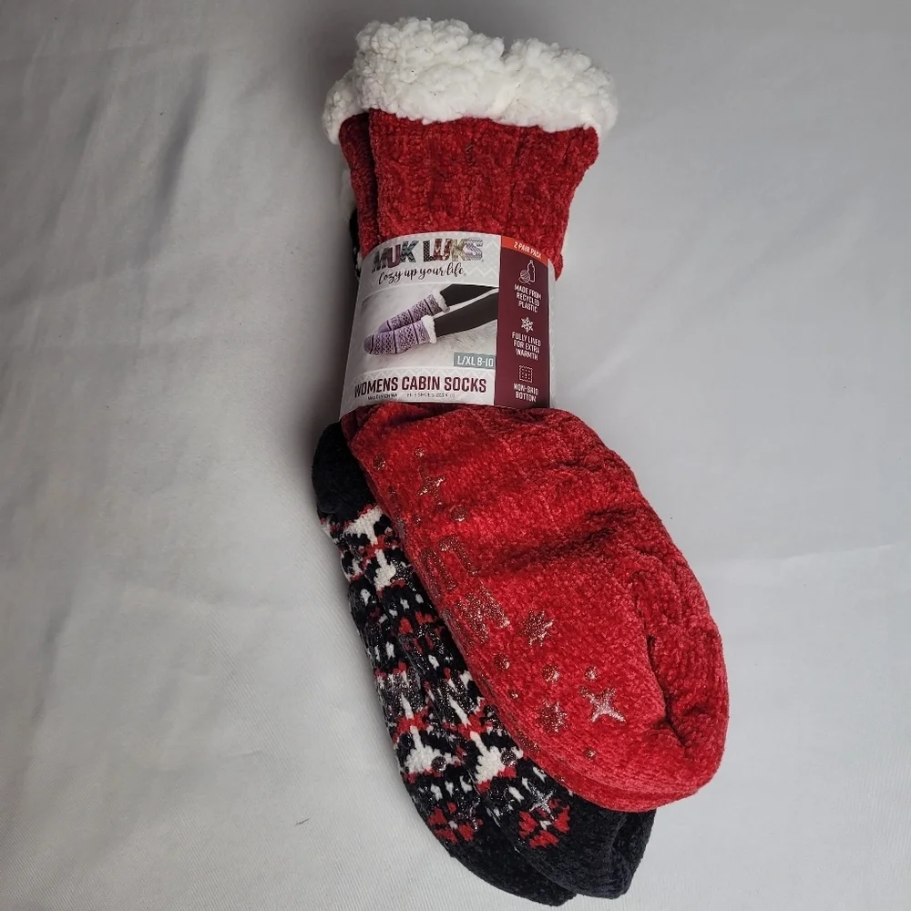Muk Luks Women's Winter Cabin Socks 2 Pair Pack New Red Black Lined